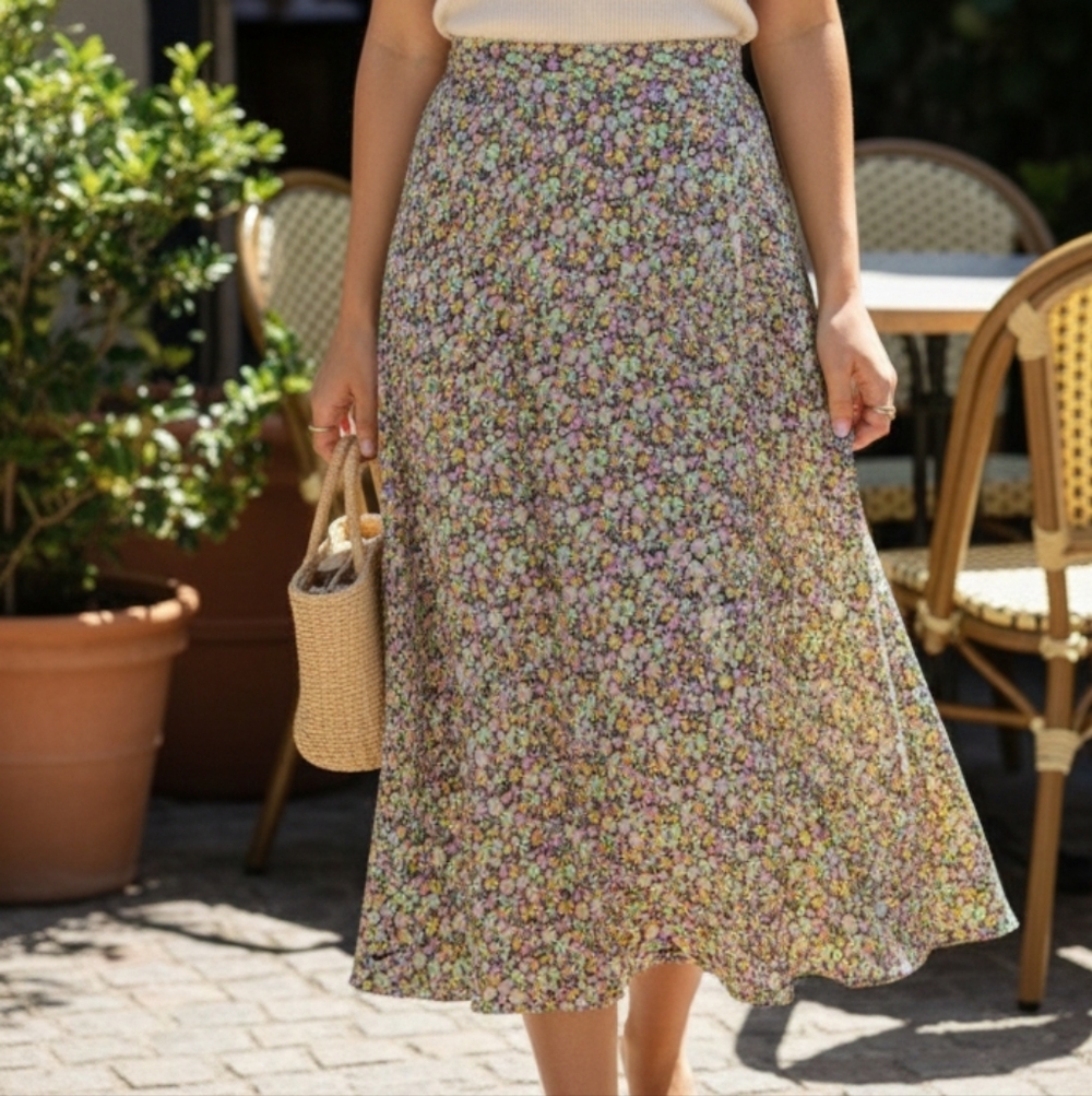 Tahari Floral A-Line Skirt - Purple, Green, Yellow